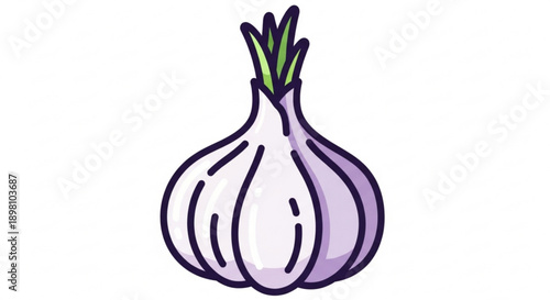 Purple onion bulb with green sprouts on white background