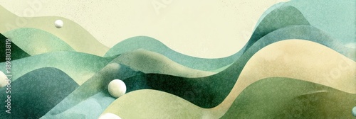 Abstract layered design featuring soft, wavy shapes in green, blue, and yellow with scattered white spheres