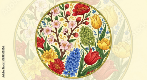 Vibrant floral pattern on decorative plate with colorful flowers and leaves
