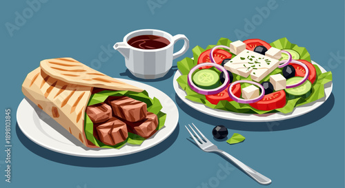 Greek cuisine delight with gyros and fresh salad on plates
