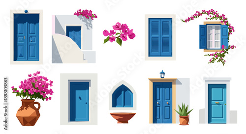 Charming mediterranean doors and floral elements in flat design