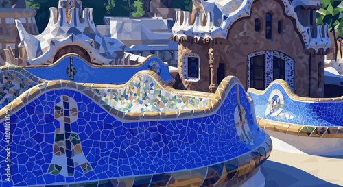 Mosaic architecture panorama with curved roofs in vibrant park setting