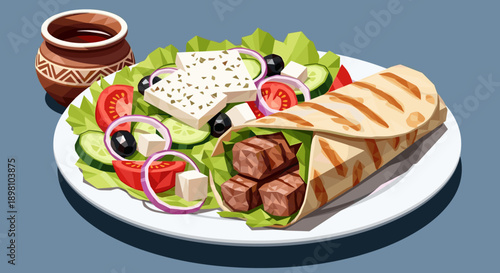 Mediterranean cuisine feast: grilled wrap with vibrant salad