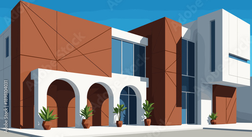 Contemporary geometric building design with arched facade and terracotta panels