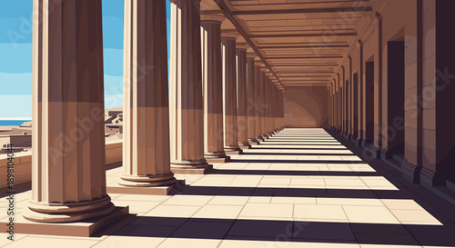 Ancient greek architecture with columns in warm sunlight