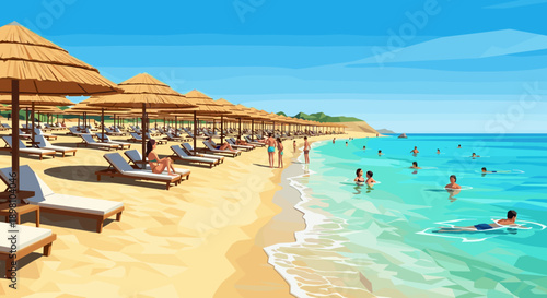 Sunny beach scene with loungers and umbrellas in polygonal art style