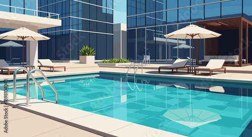 Modern poolside relaxation in a minimalistic urban setting with glass buildings