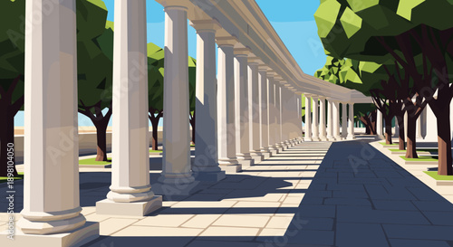 Low poly architectural columns with trees in sunlit pathway