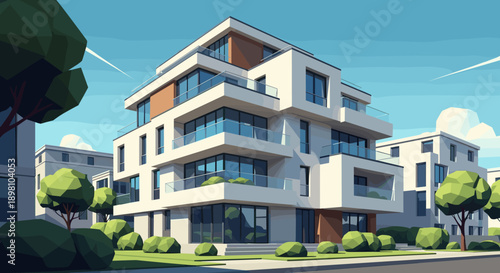 Modern geometric apartment building with contemporary architecture and lush greenery