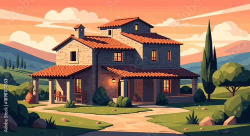 Charming rustic house at sunset with lush landscape and mountains in the background