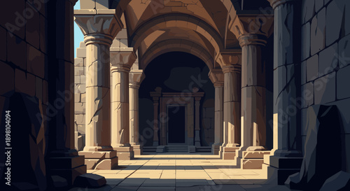 Ancient stone temple with majestic arches and columns in dramatic lighting