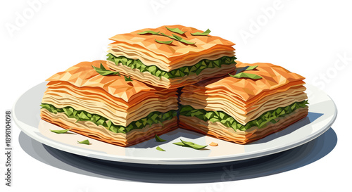 Geometric layered pastries on plate with fresh herbs in polygon art style