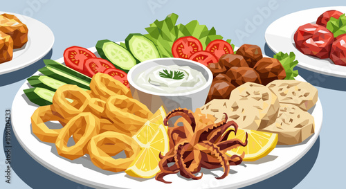 Low poly mediterranean platter with seafood, vegetables, and dipping sauce on white plates