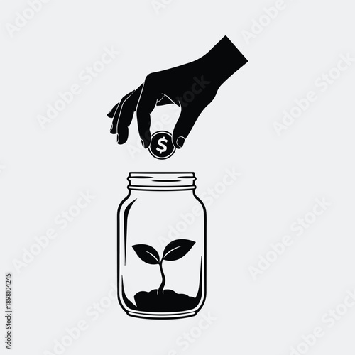 Silhouette hand dropping coin into jar with growing plant vector illustration
