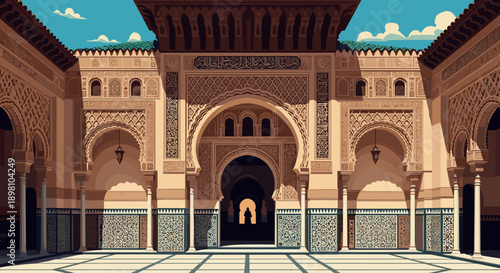 Majestic courtyard of historic moroccan palace with intricate architecture