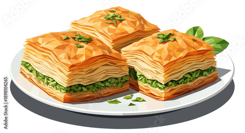 Geometric low poly baklava on a plate with mint