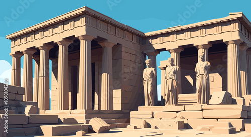 Ancient greek temple with classical columns and sculptures in vibrant cartoon style