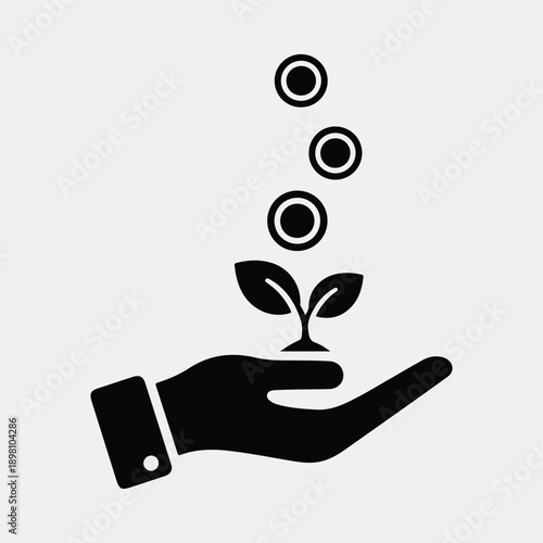 Silhouette hand holding plant with falling coins money growth vector illustration