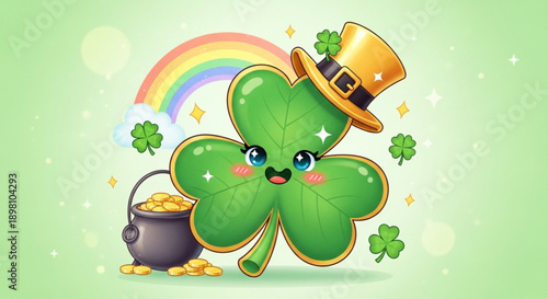 Smiling four leaf clover wearing hat with rainbow and gold coins