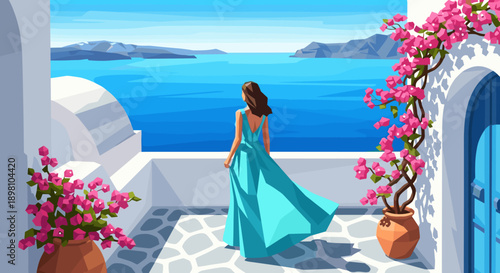 Woman in blue dress on santorini terrace with vibrant floral views