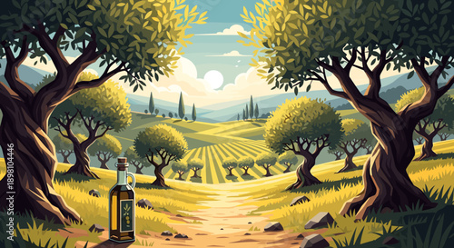 Scenic olive grove landscape with bottle under sunny sky
