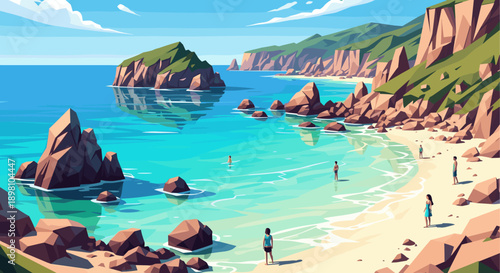 Scenic coastal landscape with people relaxing on a sunny beach with crystal clear water