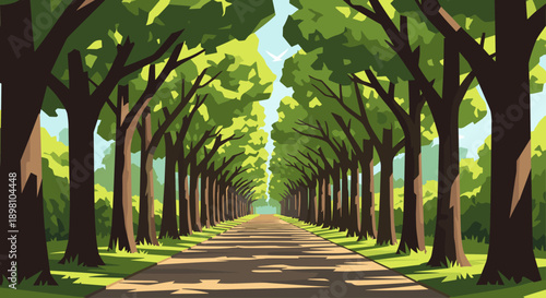 Serene park pathway lined with tall trees on a sunlit day in flat style