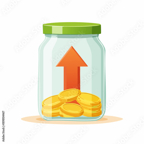 Conceptual illustration of a clear glass jar with gold coins and an upward-pointing arrow, symbolizing successful financial growth, increasing savings, and profitable investment returns
