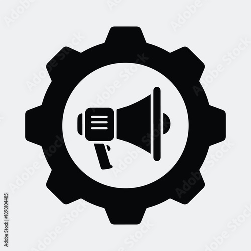 Silhouette megaphone inside gear symbol representing corporate communication vector illustration