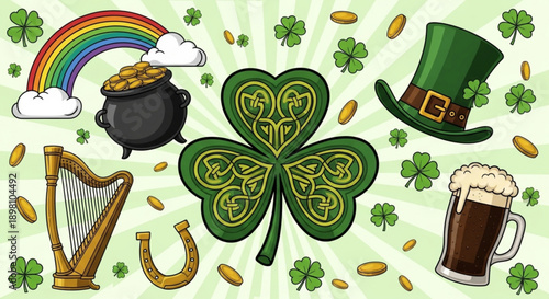 St patrick's day symbols and icons shamrock rainbow pot of gold beer festive