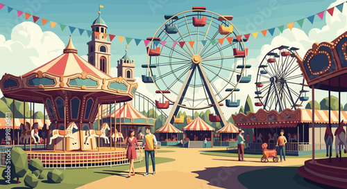 Vibrant amusement park scene with ferris wheel and carousel
