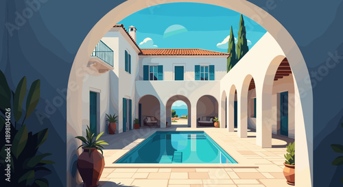 Mediterranean villa with arches and pool in warm sunlight