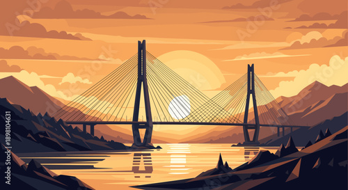 Sunset over majestic bridge in tranquil mountain landscape