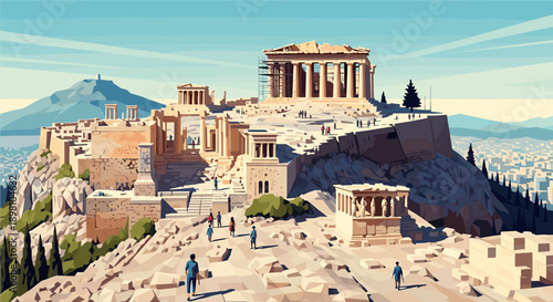 Colorful geometric flat style acropolis with ancient greek ruins and tourists