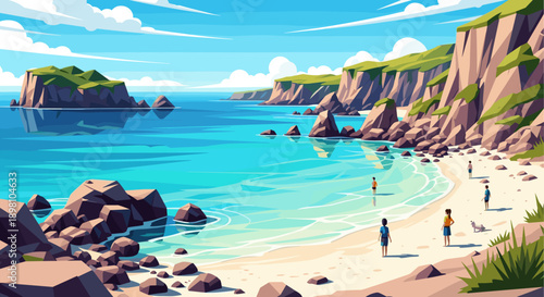 Vibrant tropical beach landscape with clear waters and rocky cliffs