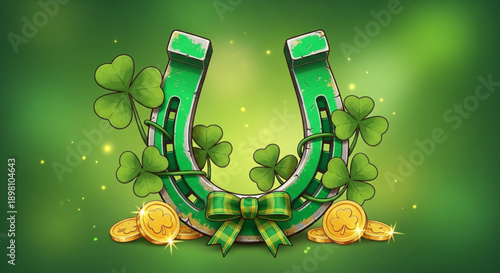 Green horseshoe with shamrocks and gold coins on st patrick's day background
