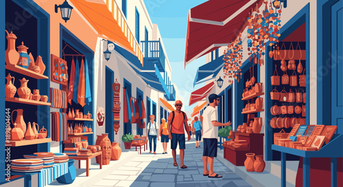 Colorful mediterranean street market with artisan shops and vibrant awnings