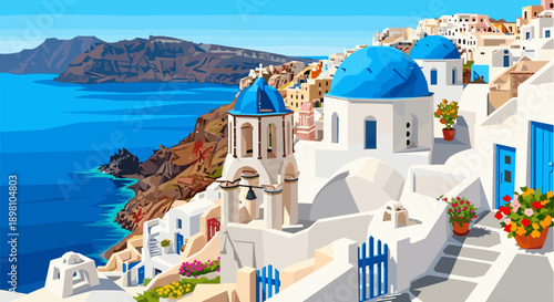 Santorini skyline with blue domes and vibrant aegean sea in flat style