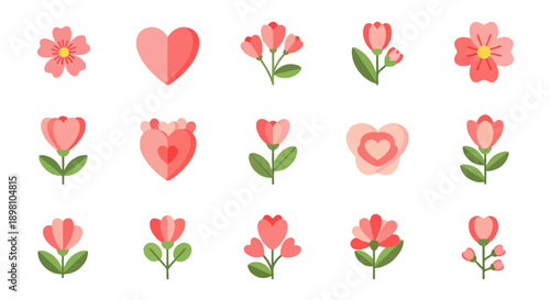 Collection of stylized hearts and flowers in various pink and red designs, perfect for romantic or celebratory occasions