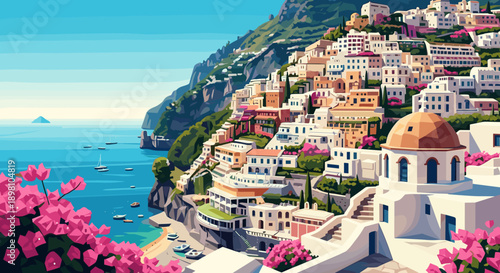 Scenic coastal town with vibrant architecture and blue waters