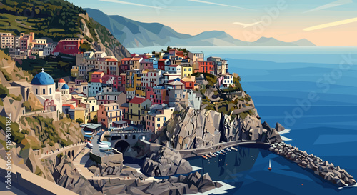 Vibrant coastal village scene with colorful buildings and scenic ocean view