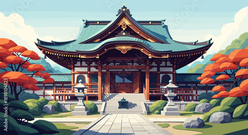 Traditional japanese temple amidst autumn foliage with mountain background
