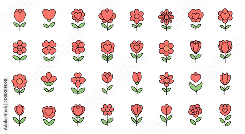 Collection of minimalist flower vector icons. Stylized red and green blossoms with heart details for modern graphic design, spring, and love themes