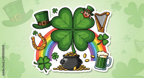 St patrick's day shamrock rainbow pot gold coins leprechaun hat