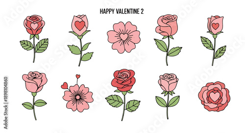 Collection of Valentine's Day roses and flowers with heart symbols, perfect for romantic cards and decorations