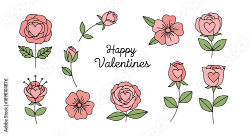 Hand-drawn vector illustration of pink roses and flowers with 'Happy Valentines' text, perfect for greeting cards and romantic designs