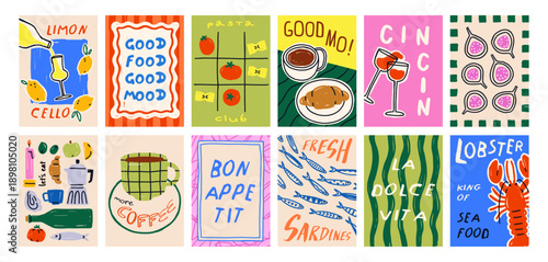 Trendy food posters set. Modern doodle placard designs with coffee for breakfast, Italian cuisine, seafood, pasta, wine. Eating and drinking, kitchen and restaurant cards. Flat vector illustrations