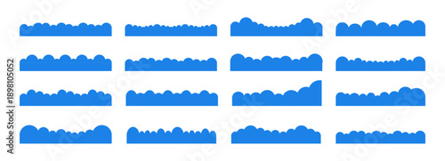 Simple clouds divider web site separator set. Fluffy curve edge header section. Blue border for banner, frame bottom, template
