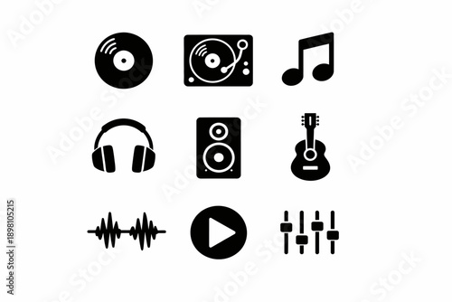 Music icon set: vinyl, turntable, note, headphones, speaker, guitar, waveform, play, mixer