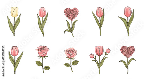 Charming flat design vector floral icons with heart shapes in red and pink, ideal for spring, love, romance, and decorative graphic elements
